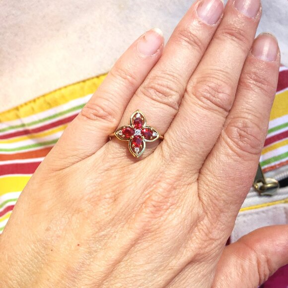 Tanzanian Ruby & White Zircon 9K Yellow Gold Ring Genuine Gemstones July - Picture 14 of 14